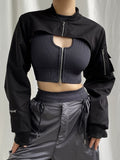 Streetwear Cargo Style Black Spring Autumn Jacket Women Smock Zip Up Coat Super Short Pockets Hip Hop Outwear