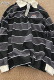 Retro Striped Long-sleeved POLO Shirt Top Men Women Loose Trend Couple BF Lapel Sweatshirt Preppy Hip Hop Cool