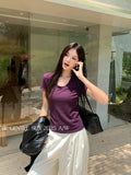 Xixi 13 Lines 2025 Autumn White Standard Temperament Collar Bottom Knitted Short-Sleeved T-Shirt