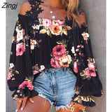 Women Floral Print Lace Patch Cold Shoulder Top Spring Autumn Long Sleeve Casual Pullover Tops Lounge Womens Clothes