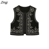 Women Vintage O Neck Sequins Flower Embroidery Short Vest Jacket Ladies Sleeveless Casual Velvet WaistCoat Tops