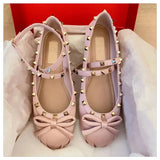 Cross-Buckle Ballet Shoes 2025 Spring And Summer New Bow Rivet Flat Bottom Shallow Mouth Cloth Single