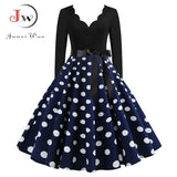 Women Long Sleeve Vintage Polka Dot Dress Pin Up Gothic Winter New Year Party Dresses 3XL Black