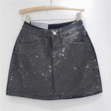 Denim Rhinestone Mini Skirt- Outfit