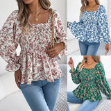 Spring And Summer Leisure Collar Horn Sleeves Chopped Flower Chiffie Holiday Tops Women's