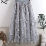 Flower Embroidery Tulle Midi Skirt Women Summer Elegant Elastic High Waist A-line Tutu Skirt Female Casual Pleated