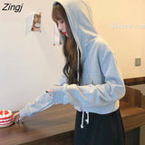 Hat Hoodies Chic Autumn Trendy Korean Solid Zip-up Ladies Cropped Hoodie All-match Loose Popular Womens Sweatshirts