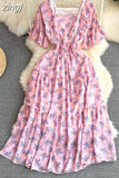 Women Floral Lace Midi Dress Vintage Square Collar Short Sleeve High Waist A-Line Slim Flower Printed Vestidos