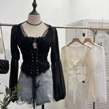 Court Wind Strapped With Waist Fish Bone Shirt Lace Shirt Back Waist To Take Short Top
