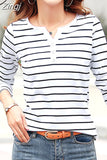 Shirt Spring Autumn Female Clothing Cotton T-Shirt Women Long Sleeve Striped Fashion Top Tee Lady V-neck Casual 7215