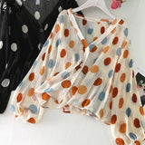 Women Summer Sun Protection Sheer Top V-Neck Polka Dot Lantern Sleeve Sexy Female Clothes All-match Daily Ulzzang