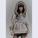 And Winter Street Retro Collar Rabbit Ear Hooded Hoodie Jacket Y2K Printed Female