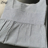 Women Korean Style Vintage Plaid Puff Sleeve Chic Simple Fashionable Tender Elegant Office Lady Feminine All-match