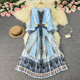Zingj New Women's Dress Oversized Skirt Print Pleated Waist Lace Holiday