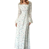 Summer Women's Temperament Elegant Broken Flower Fold Fairy Waist Horn Sleeves Floating