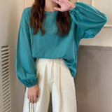 Zingj Women's Fall 2024 New Korean Version Loose Sleeve Student Lantern Sleeve Long-Sleeve T-Shirt Women's Solid Color Bottom Shirt