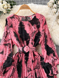 Vintage Women Printed Pleated Long Dress Elegant Round Neck Lantern Sleeve High Waist A-Line Maxi Vestidos Female