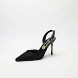 Pointed Black Water Drill Pin Badge High Heel Fine And Sexy Sandals Women's Shoes In Summer