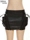 PU Leather Shiny 2 Piece Set Women Sleeveless Skinny Wrapped Chest Top+Pocket Split Skirt Matching Midnight