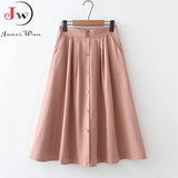Women Summer Cotton Skirt Girls Elegant Solid Elastic Waist Spring Casual Single-Breasted Office Ladies A-Line Midi Skirt
