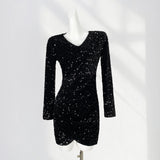 Zingj Lined Elegant French V Collar Sequin Wrapped Hip Skirt Slim Pleated Long Sleeve Skirt Gold Wind Velvet