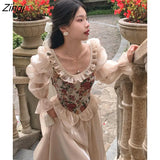Elegant Print Floral Dress Women 2022 Autumn O-neck Casual Evening Party Midi Dress Female Puff Sleeve Korea Fairy
