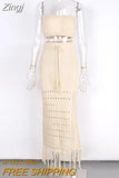 Women Swimming Cover-up Skirt Set Summer Knit Beach Outfits Hollowed Tassel Long Skirt with Tube Top Skirt Two Piece