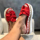 Summer New Slope And Bow Cool Slippers Women's Beach Thick Bottom Hemp Rope Large-Size