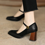 Women In The Autumn Of 2025 New Splicing Rough And One-Character Buckle With French Head High-Heere Retro Mary Jane