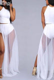 Women High Waist Mesh Skirts Empire See Through Sheer Side Split Skirt Solid Transparent Chiffon Maxi Long Skirt Summer