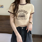 Zingj Summer New Sweet Hottie Girl Bump Color Round Collar Short Style On The Clothes Design Sense Shows Thin Students Short-Sleeved T-Shirt