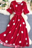 Women Polka Dot Midi Dress Vintage V-Neck Short Flare Sleeve Bandage A-Line Vestidos Female Casual Robe New