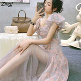 Chiffon Midi Dress Women Floral Print Design Korean Party Split Dress Female Summer Evening Beach Boho Dress 2021