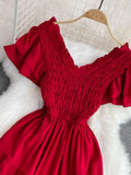 Women Vintage Draped Midi Dress Elegant Purple/Yellow/Red V-Neck Short Sleeve High Waist A-Line Big Swing Vestidos