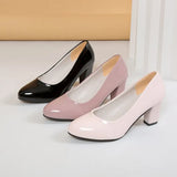 New Fashion Light Mouth Single Shoes Round Head Thick Heel Shoes Patent Leather Pure Women's