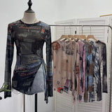 Tie-Dye-Print Net Yarn Jersey Long-Sleeved Top Irregularly T-Shirt With Thin Short T-Shirt