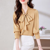Spring New White Shirt Women Bow Ribbon Elegant Shirts Fashion Womens Tops Satin Female Clothing OL Silk Shirts and