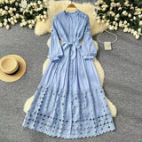 Retro Hollow Hook Lace Splicing Bow Strap With Waist Single Buckle Over Knee Dress New Autumn
