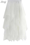 Women Sweet Midi Spring And Summer High Waist Solid Asymmetrical Elegant Chic White Mesh Tulle Skirts