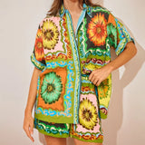 2025 New Women's Clothing Set Fashion Print Collar Short Sleeve Shirt Shorts Casual