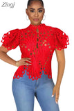 Casual Lantern Short Sleeve Stand Collar Shirts Sexy Lace Hollow Out Short Blouse Female Elegant Red White Loose