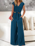 Women's Clothing 2025 New Summer V Tie With Open-Vum Wide Leg Trousers Casual Fashion