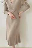 Solid V-Neck Sweater Knitted Midi Dress for Women Clothing Evening Vintage Bodycon Dresses Elegant Thick Warm Winter
