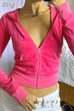 Fashion Green Velour Cropped Zip Up Hoodie Women Autumn Basic Jacket Coat Harajuku Hooded Sweatshirts Solid
