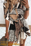 Women Spring Autumn Leopard Shirt Dress Long Sleeve Turn-down Collar Sashes Mini Dress Single Button OL Lady Sexy