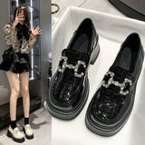 Bottom Mary Jane Small Leather Shoes Female 2025 New British Wind Pine Platform Bottom Metal Rhinestone Chain Loafer Single