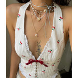 Zingj Women's Wear 2024 Summer New Fashion Temperament Sexy V Neck Neck Cherry Print Flowers And Trees Ear