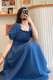 Sleeve Dress Women Summer Solid Pleated Square Collar Mid-calf Elegant Korean Simple Leisure Loose Preppy Womens A-line