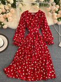 Women Red/Yellow/Green Printed Midi Dress Vintage V-Neck Flare Long Sleeve High Waist A-Line Vacation Bandage Vestido