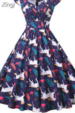 Print Vintage Christmas Dress Women Winter Big Swing Elegant Short Sleeve V Neck Sexy New Year Party